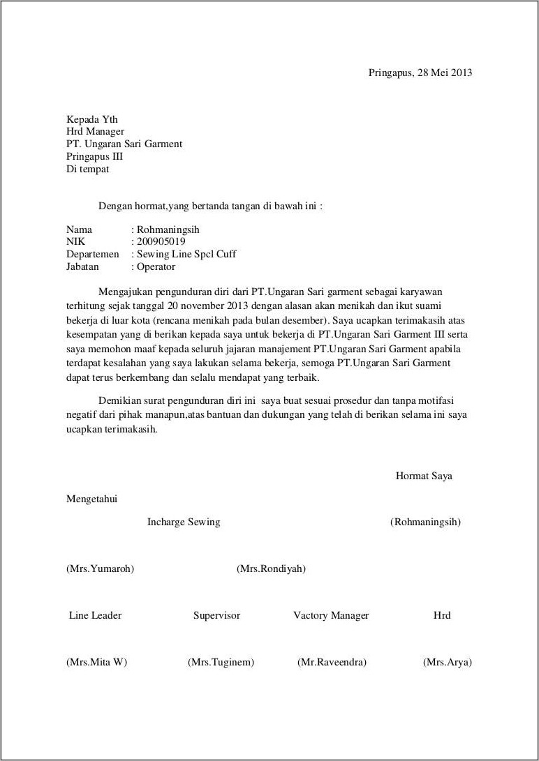 Contoh Surat Resign Pekerja Pabrik
