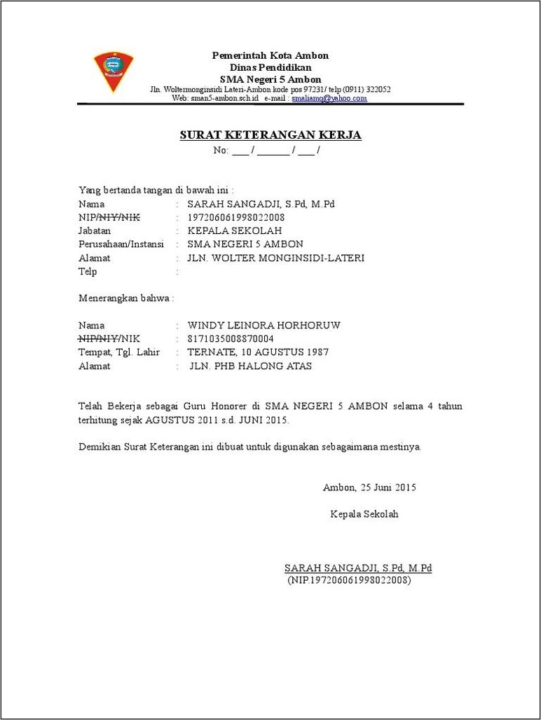 Contoh Surat Resmi Dinas Pengalaman Kerja