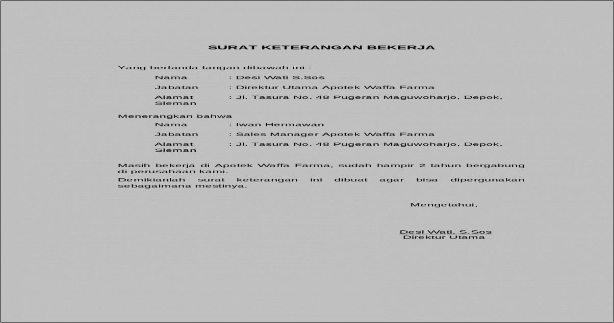 Contoh Surat Resmi Keterangan Masih Aktif Bekerja