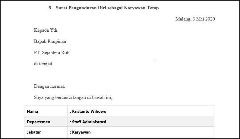 Contoh Surat Resmi Pengunduran Diri Kerja Bahasa Ingris