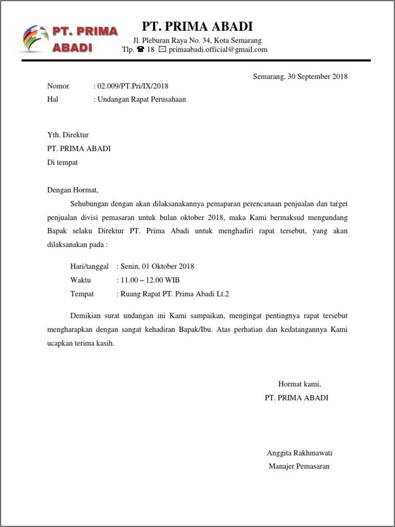 Contoh Surat Resmi Untuk Rekan Kerja Undangan Meeting Melalui Email