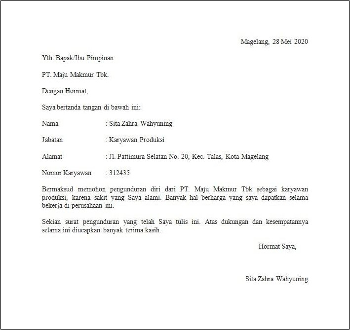 Contoh Surat Risent Kerja Pabrik