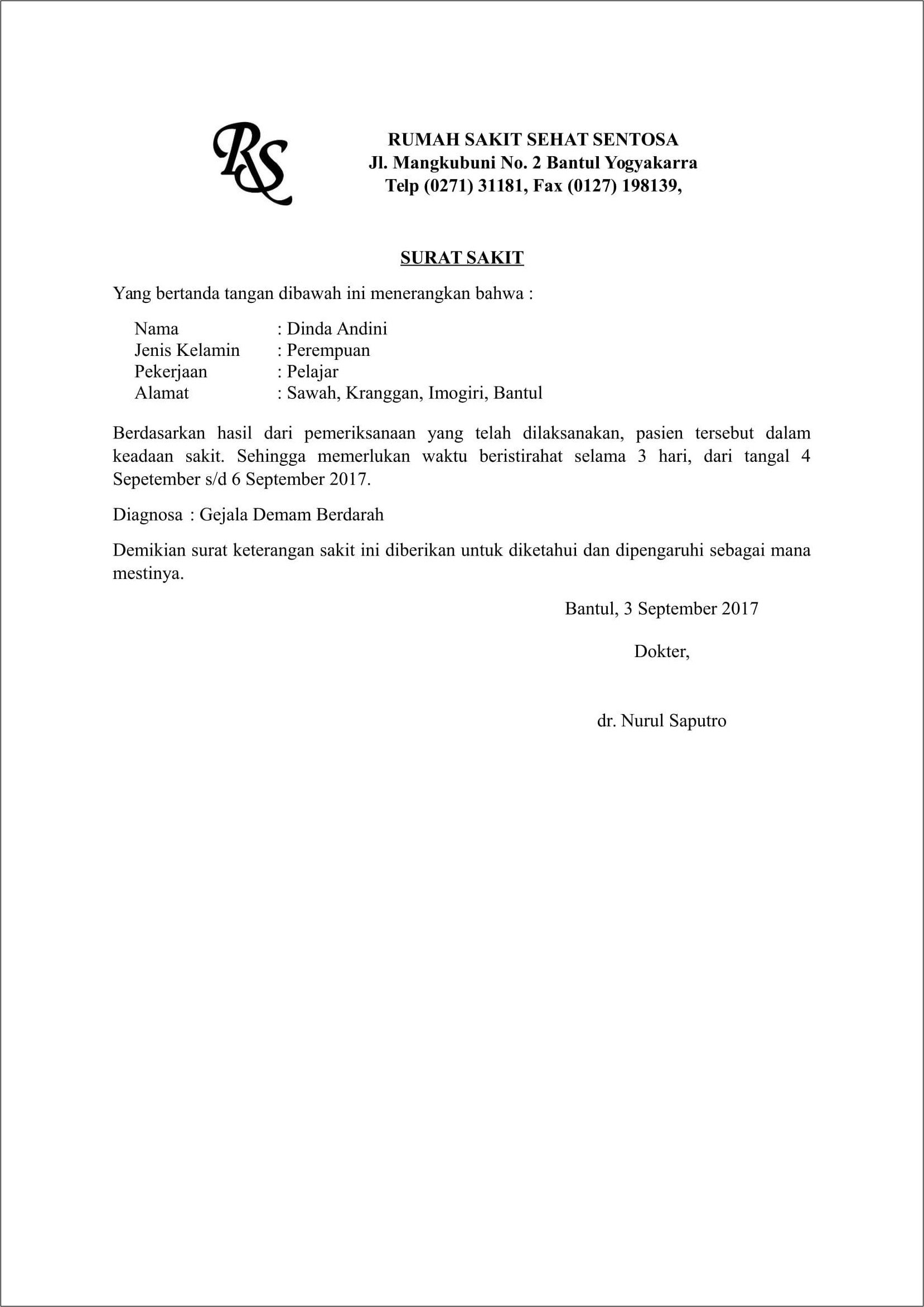 Contoh Surat Sakit Kerja Dari Dokter
