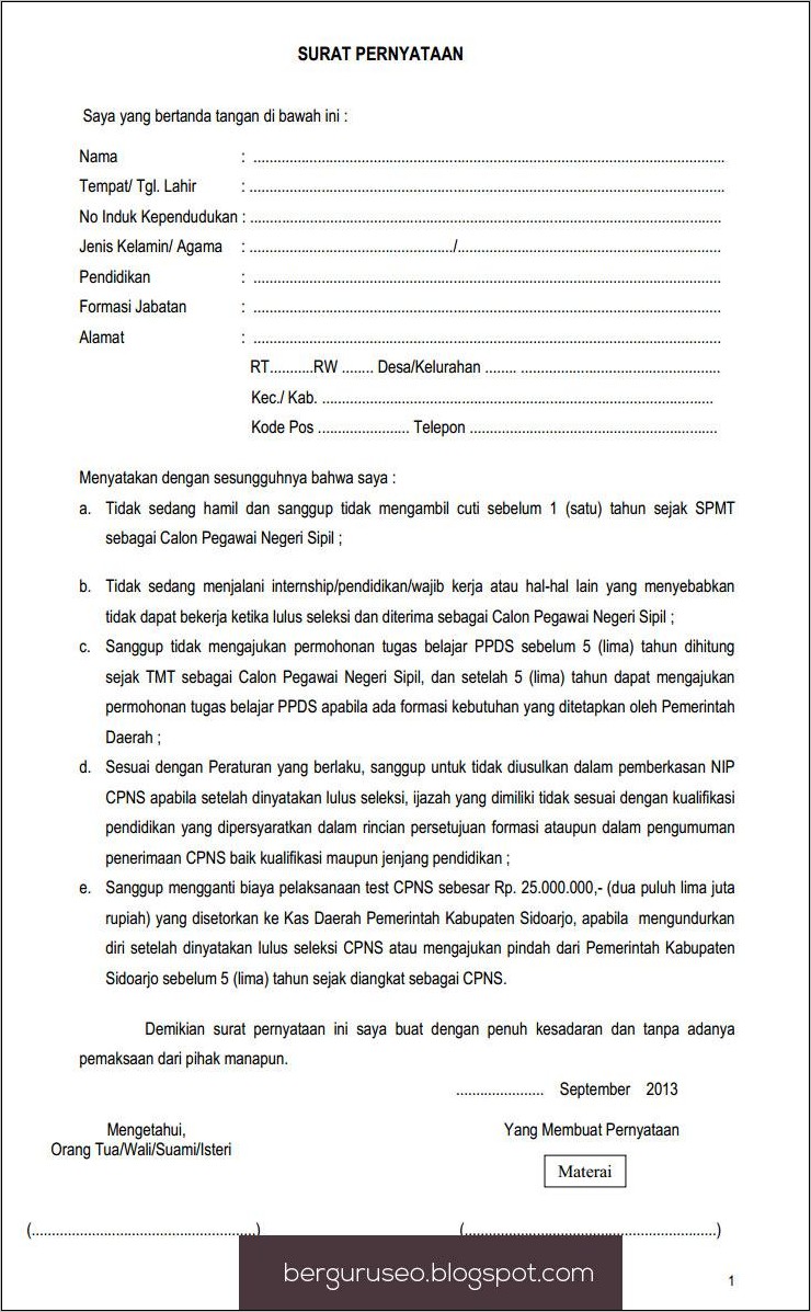 Contoh Surat Sanggup Kerja Selama 5 Tahun