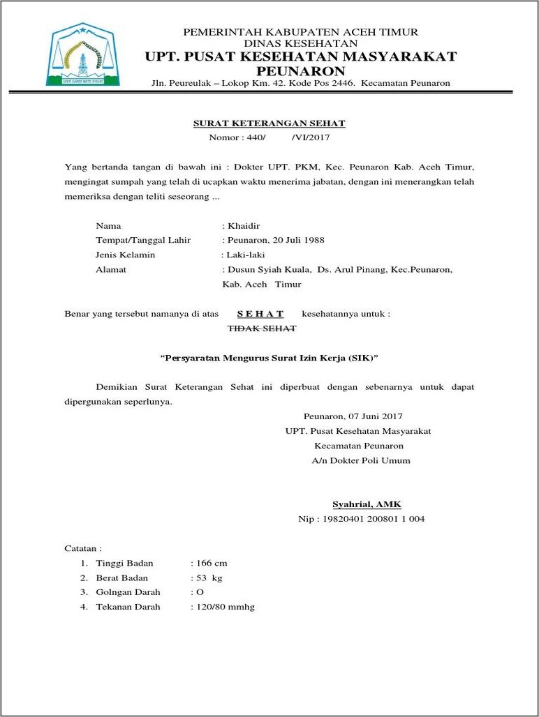 Contoh Surat Sehat Dari Dokter Untuk Kerja