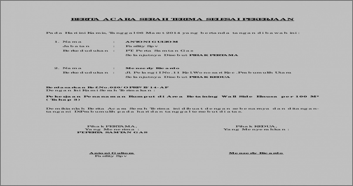 Contoh Surat Serah Terima Pekerjaan Pt Krakatau Tirta Industri