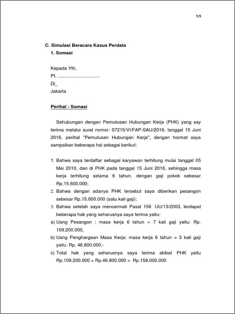Contoh Surat Somasi Tenaga Kerja