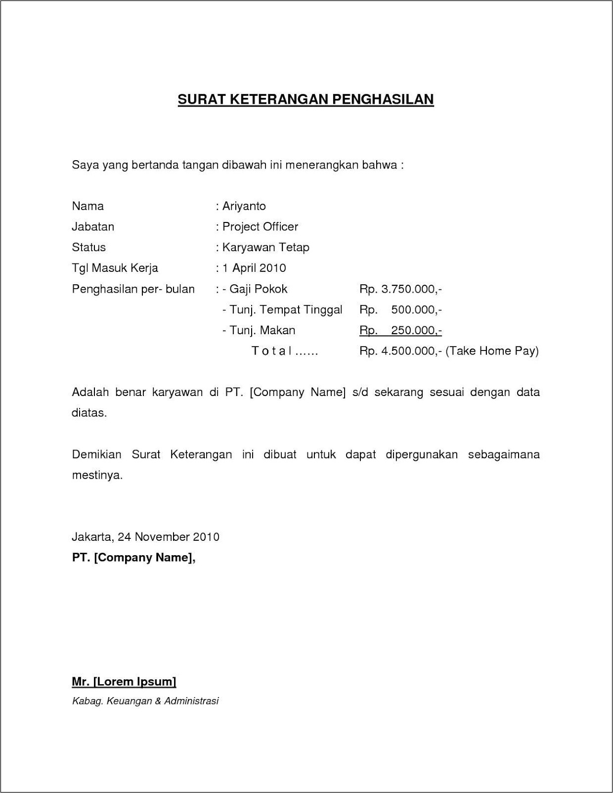 Contoh Surat Status Kerja