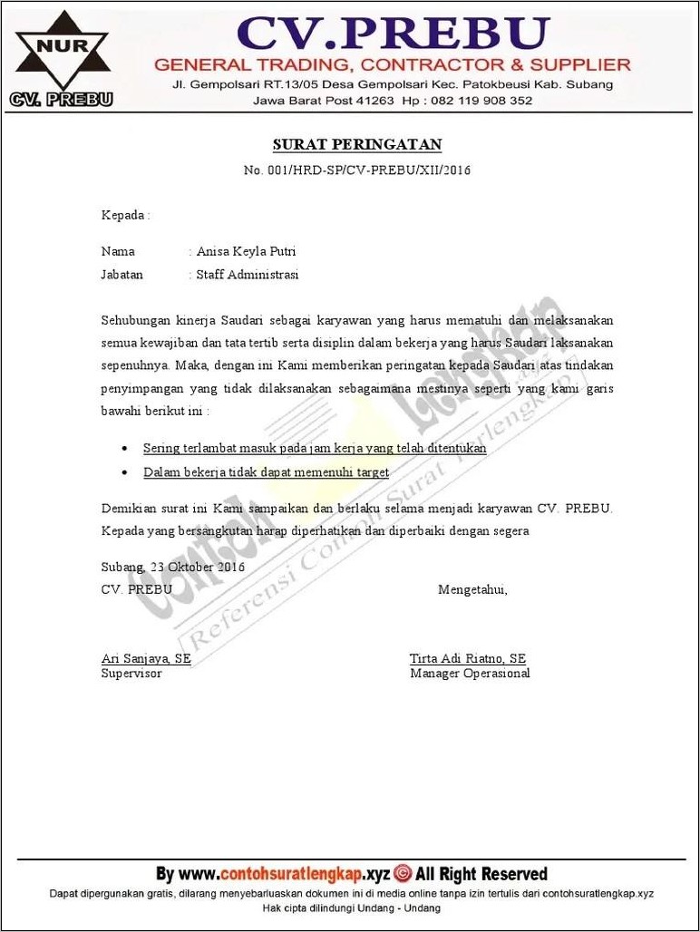 Contoh Surat Teguran Karyawan Yang Tidak Memenuhi Target Pekerjaan
