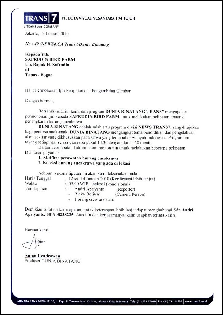 Contoh Surat Tugas Kunjungan Kerja