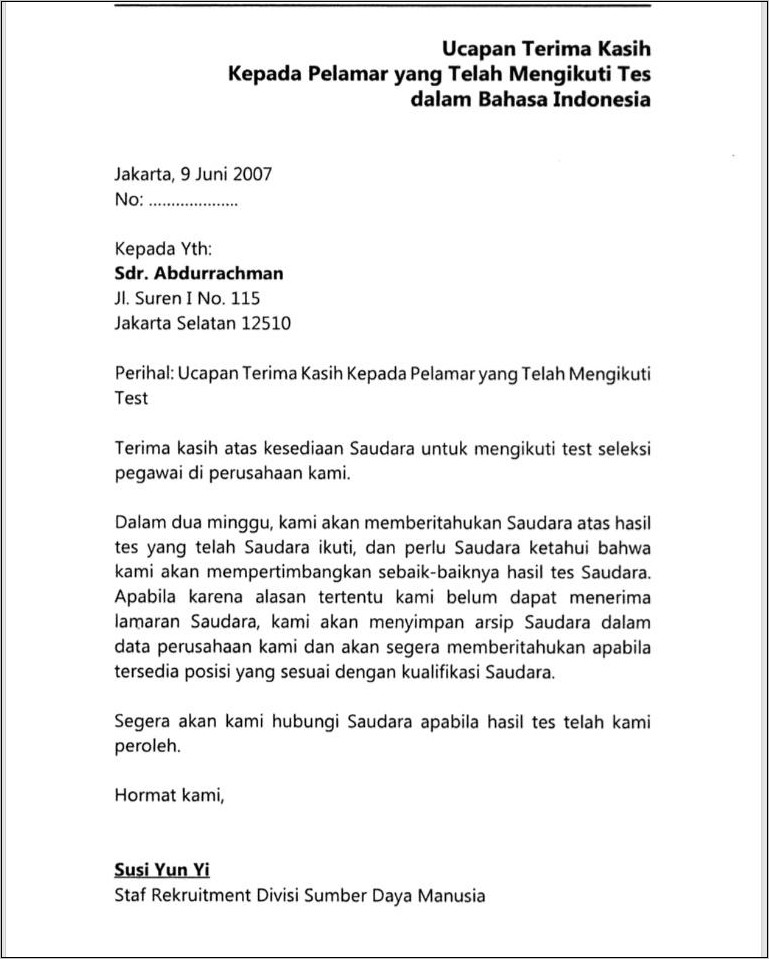 Contoh Surat Ucapan Terima Kasih Putus Kontrak Kerja