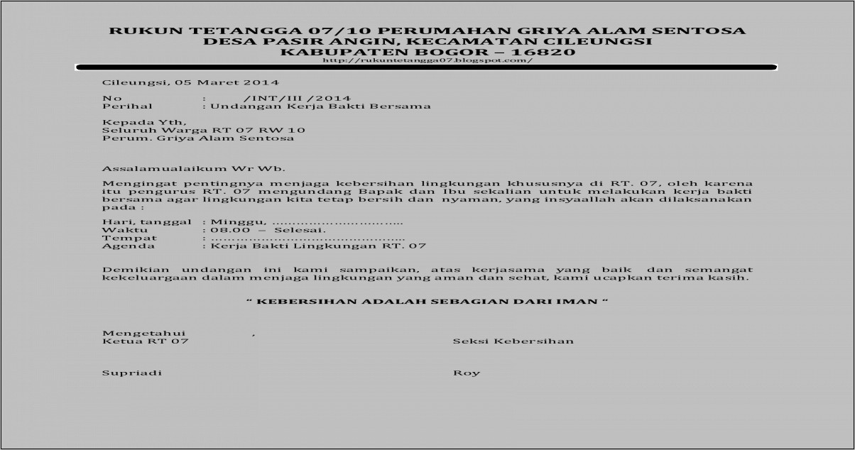 Contoh Surat Undangan Kerja Bakti Dari Rt