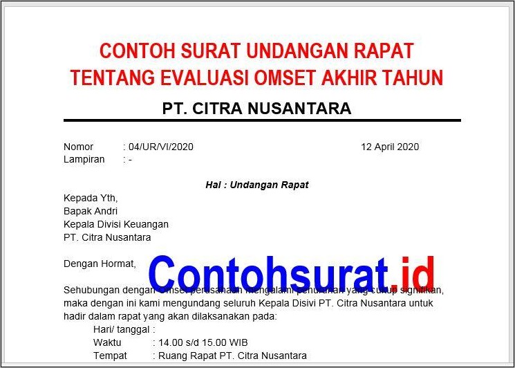 Contoh Surat Undangan Rapat Evaluasi Kerja Doc