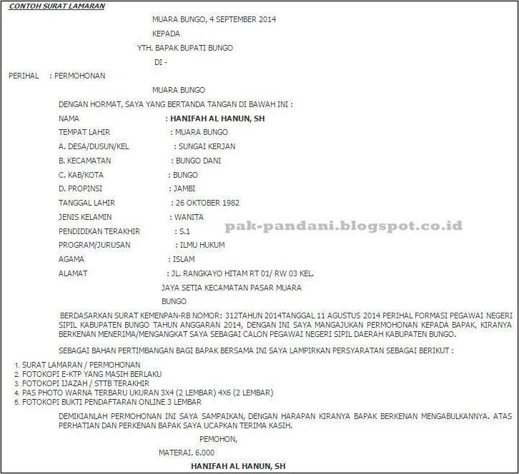 Download Contoh Surat Lamaran Cpns Pemda