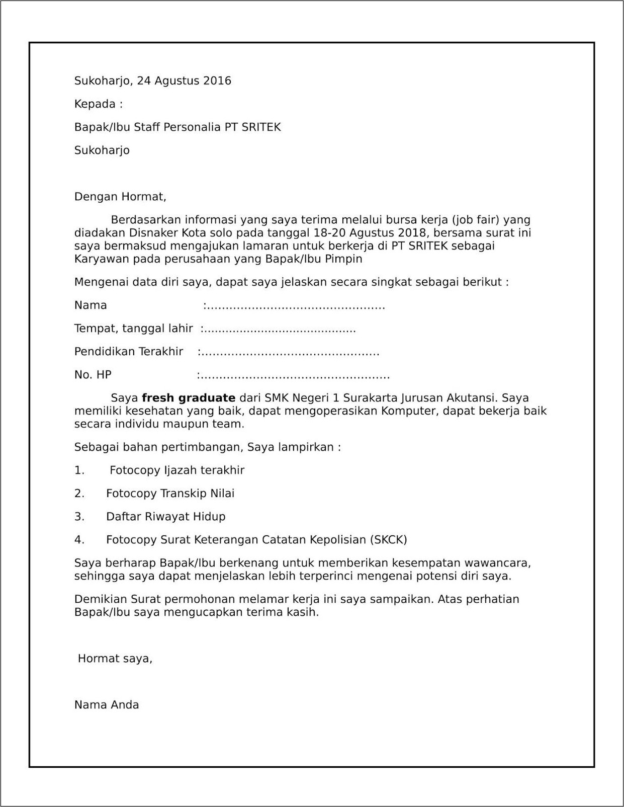 Download Contoh Surat Lamaran Kerja Di Pt Sebagai Karyawan
