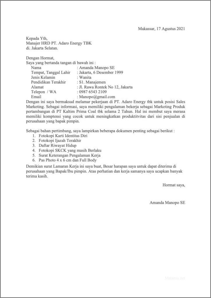Download Contoh Surat Lamaran Pertambangan