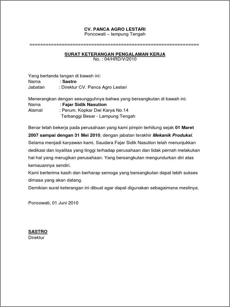 Download Contoh Surat Pengalam Kerja Dari Perusahaan