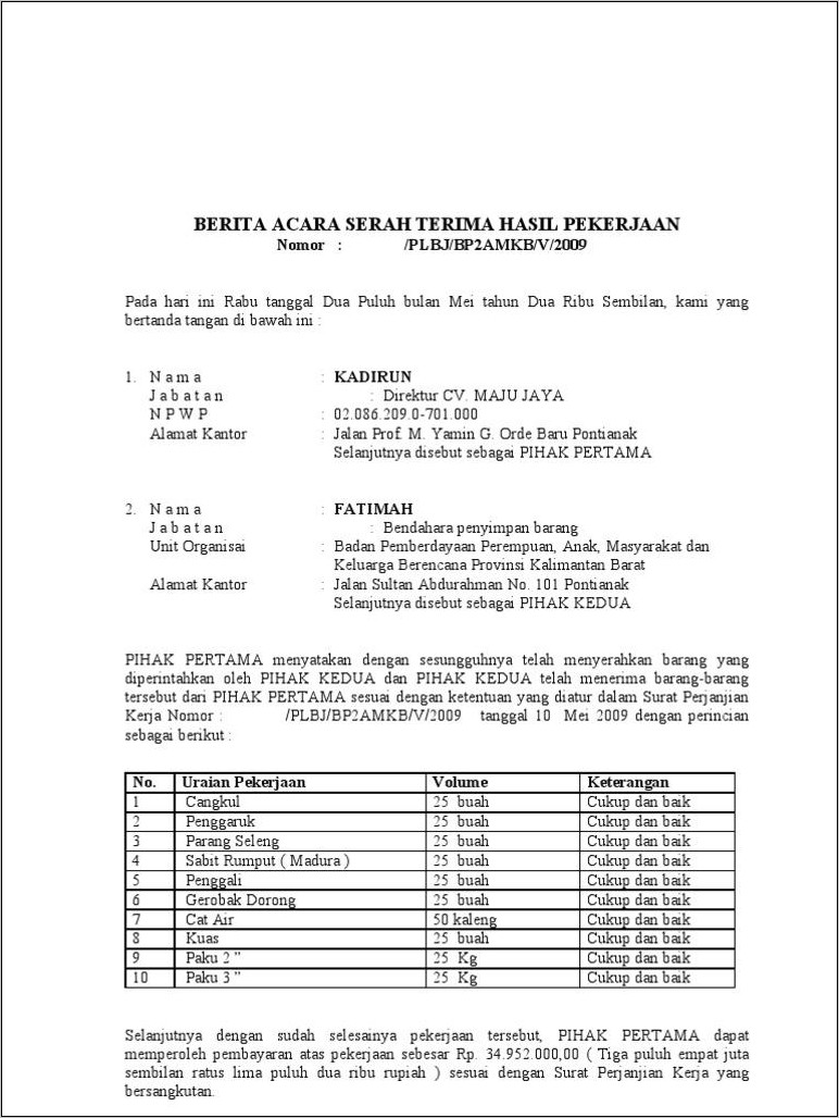 Download Contoh Surat Serah Terima Pekerjaan Kontraktor