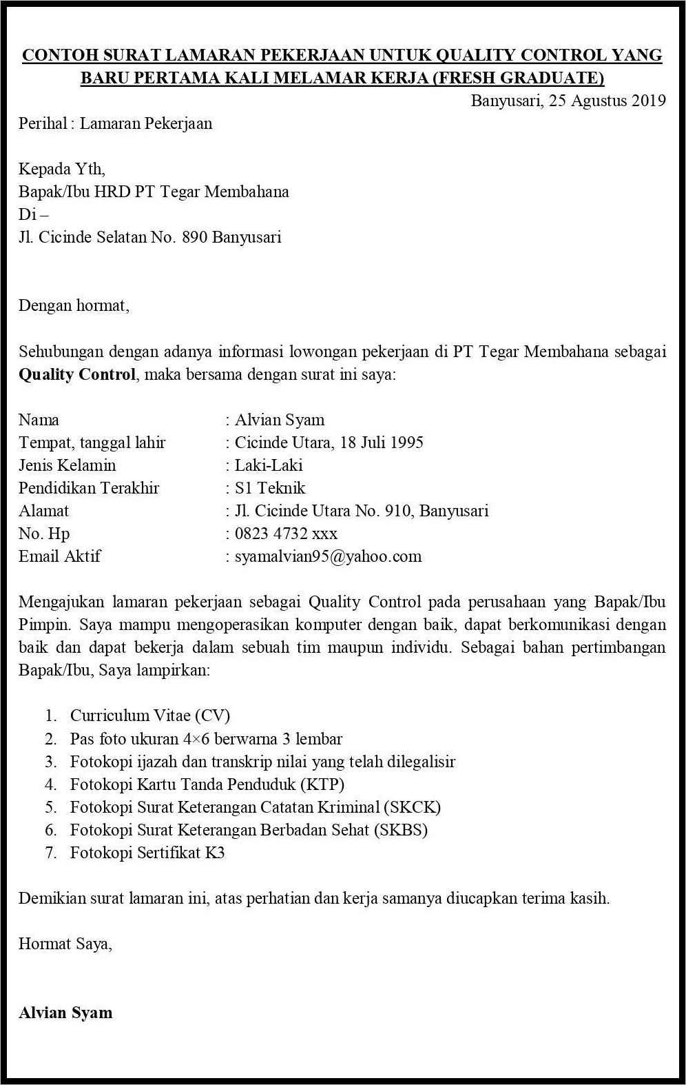 Melamar Pekerjaan Contoh Surat Lamaran