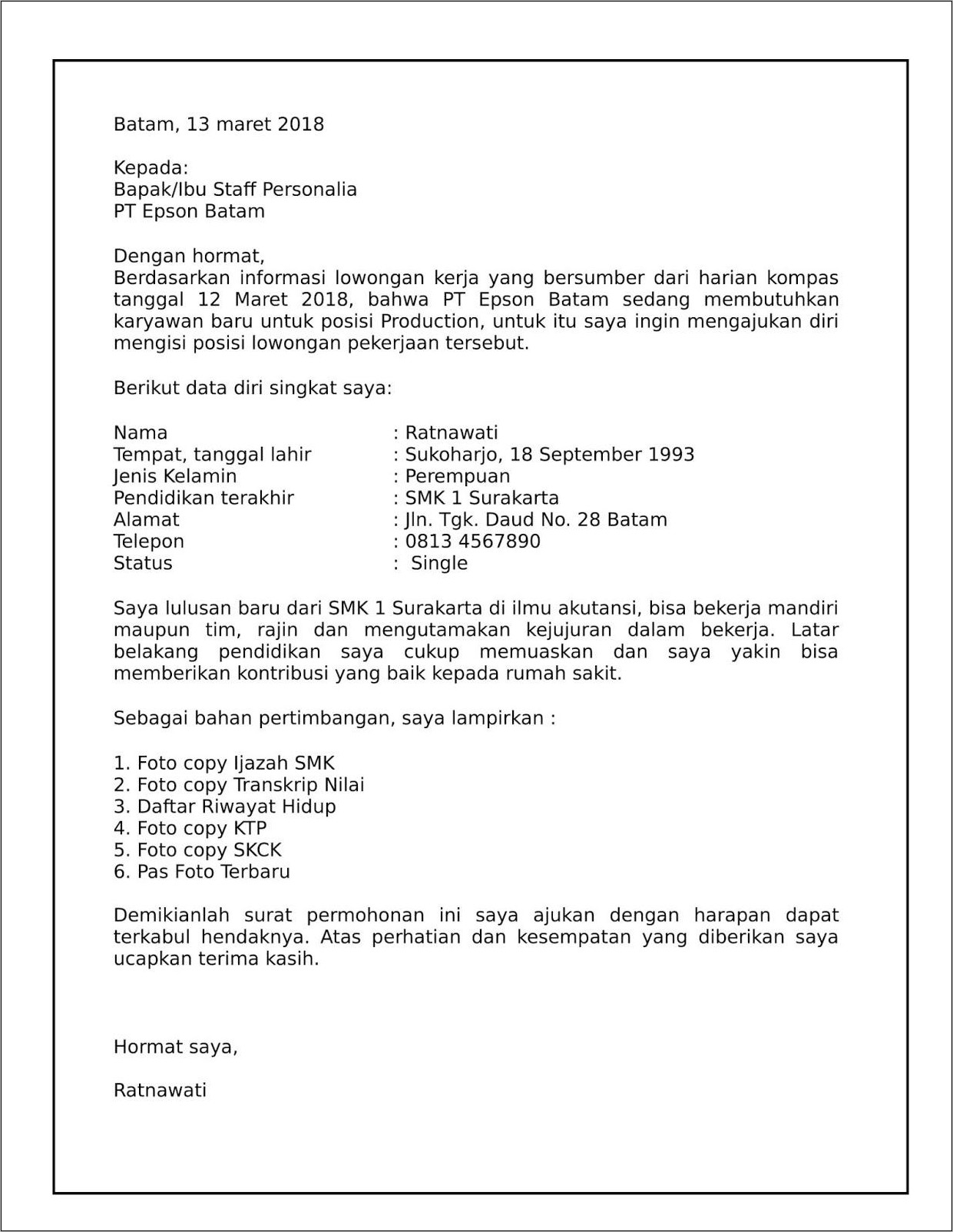 Pabrik Contoh Surat Lamaran Kerja Di Pt Sebagai Karyawan