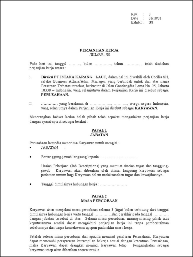 Perjanjian Kerja Waktu Tertentu Contoh Surat