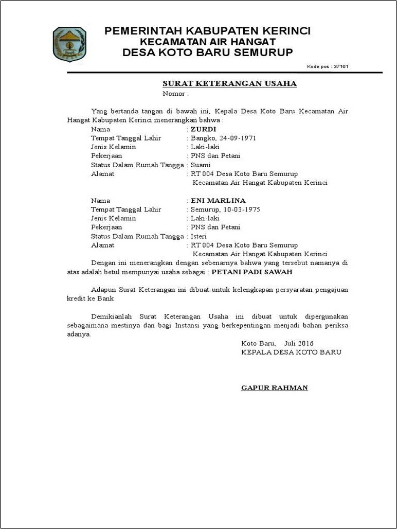 Surat Contoh Boro Kerja