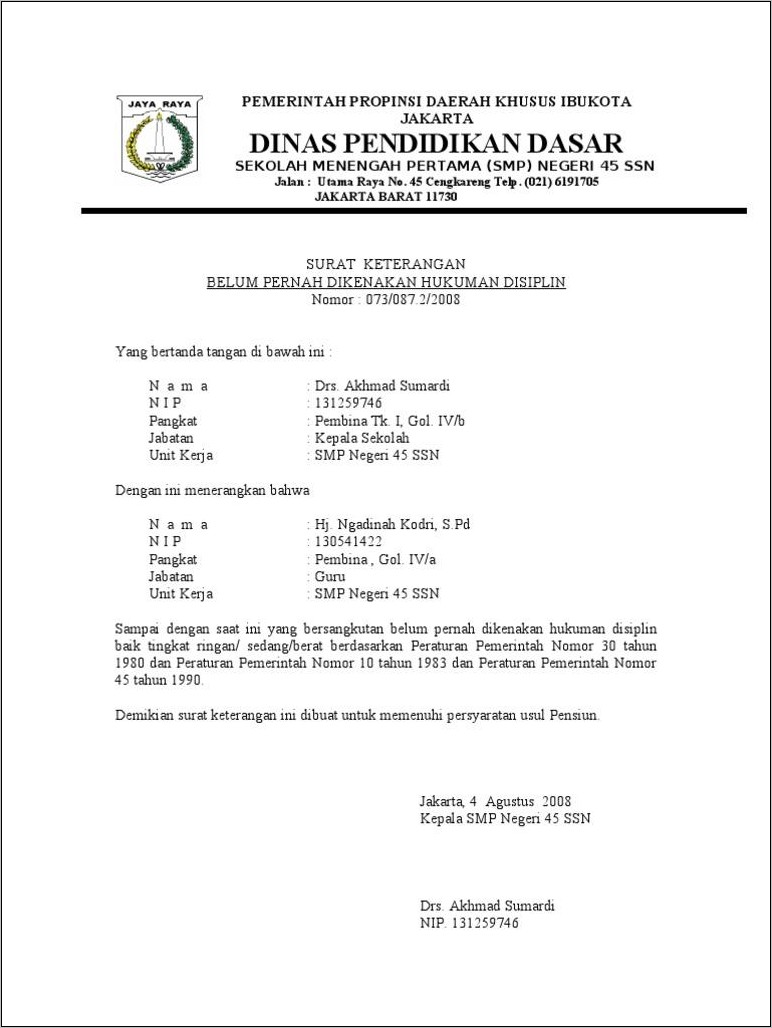 Surat Pernyataan Kerja Contoh Disiplin Pernah Disiplin