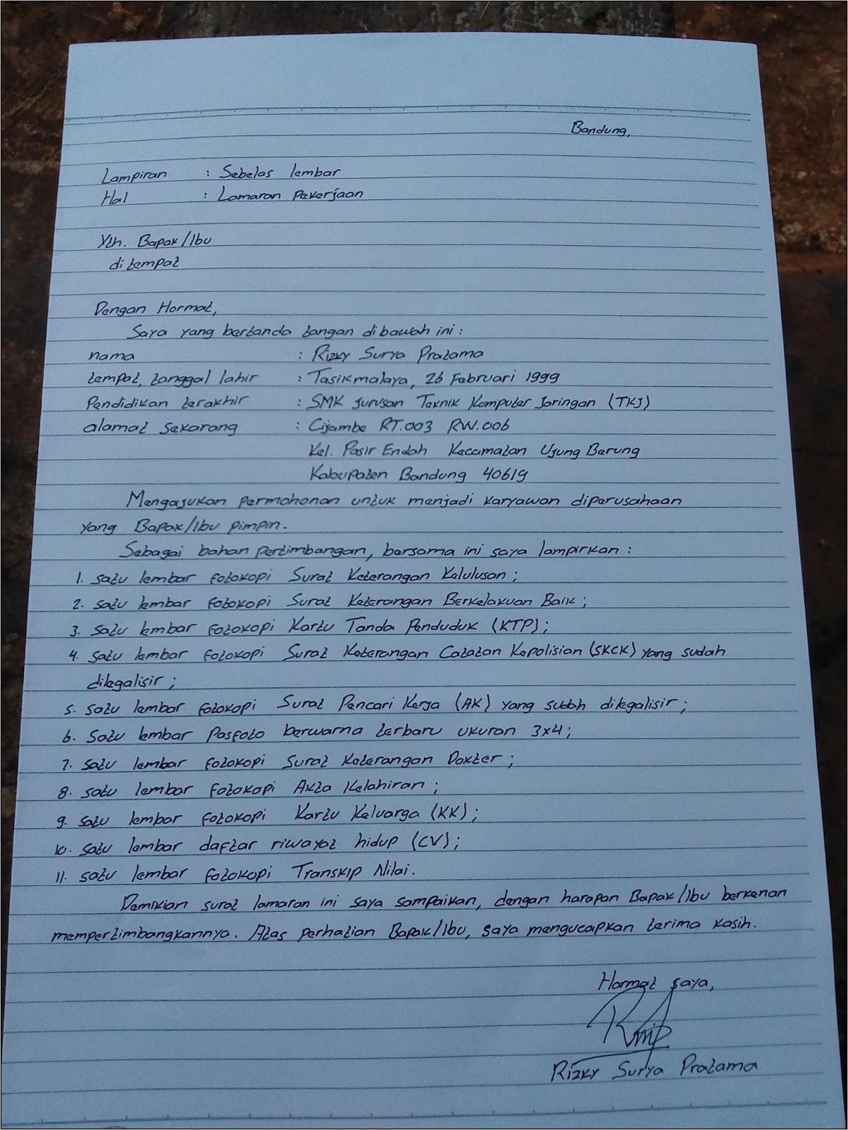 Tulis Tangan Contoh Surat Lamaran Kerja Yang Baik Dan Benar