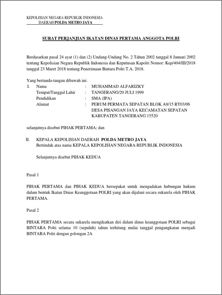Contoh 2018 Surat Permohonan Menjadi Anggota Bintara Polri