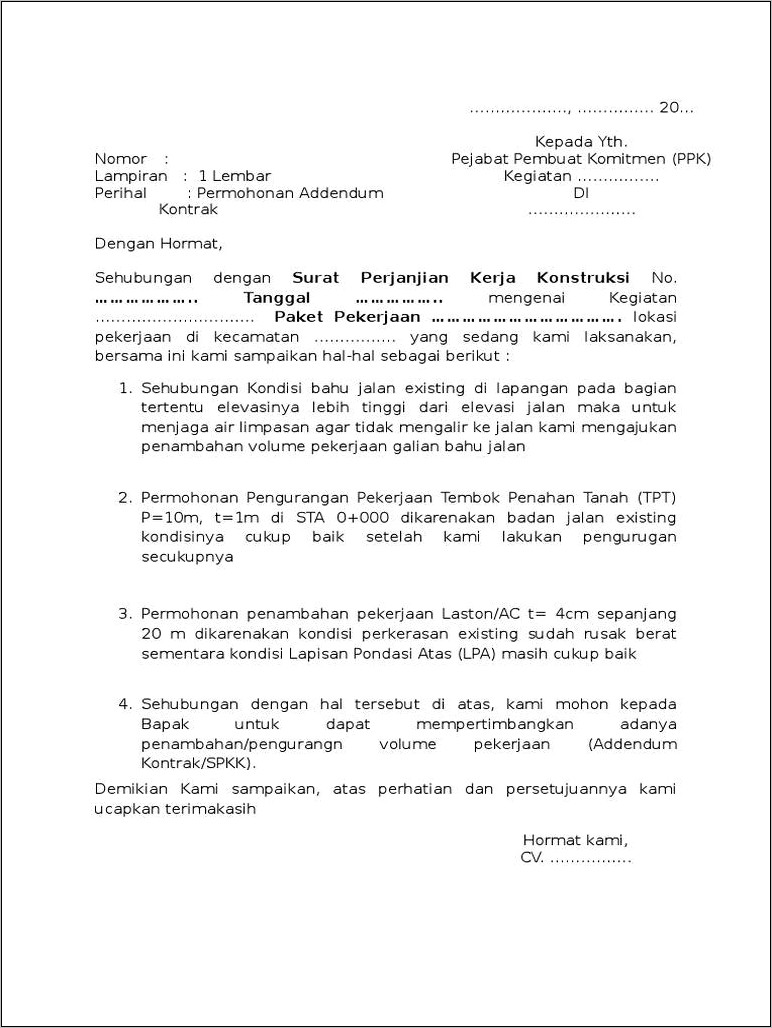 Contoh Adendum Surat Perjanjian Kontrak