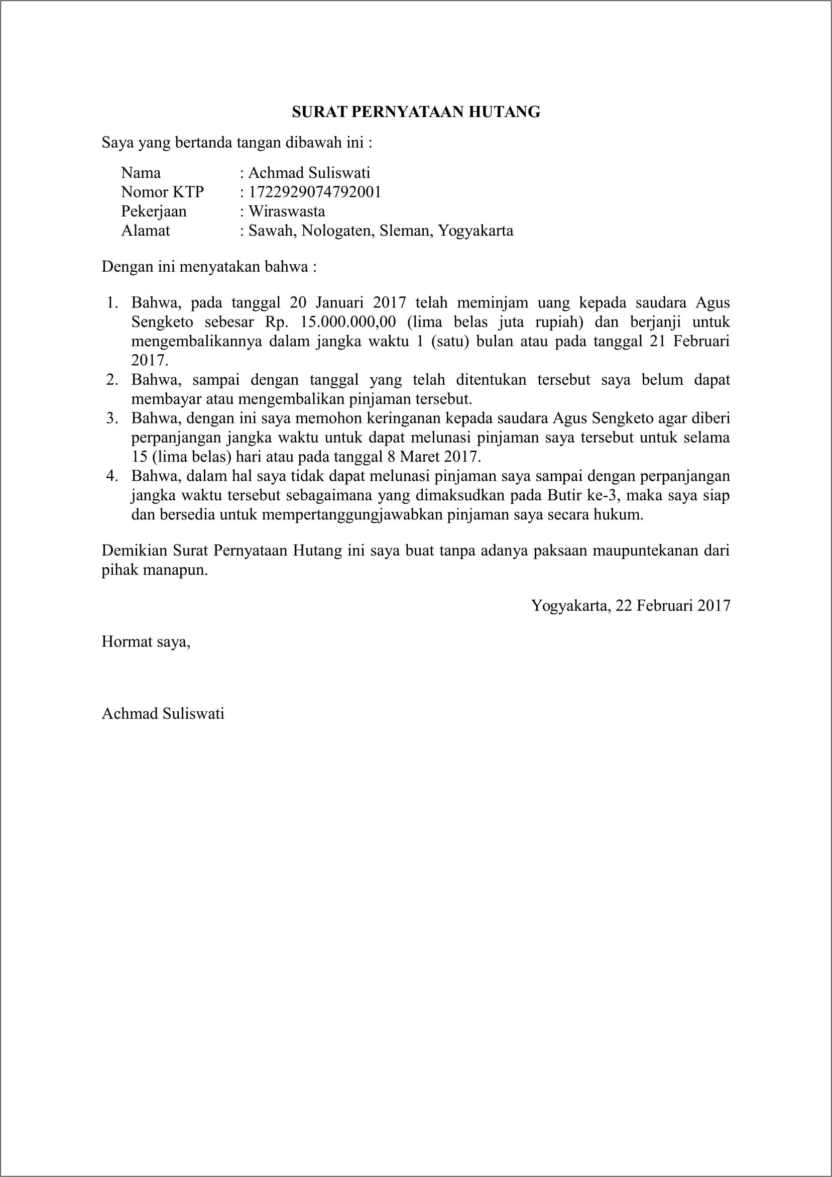 Contoh Bikin Surat Perjanjian Hutang Piutang