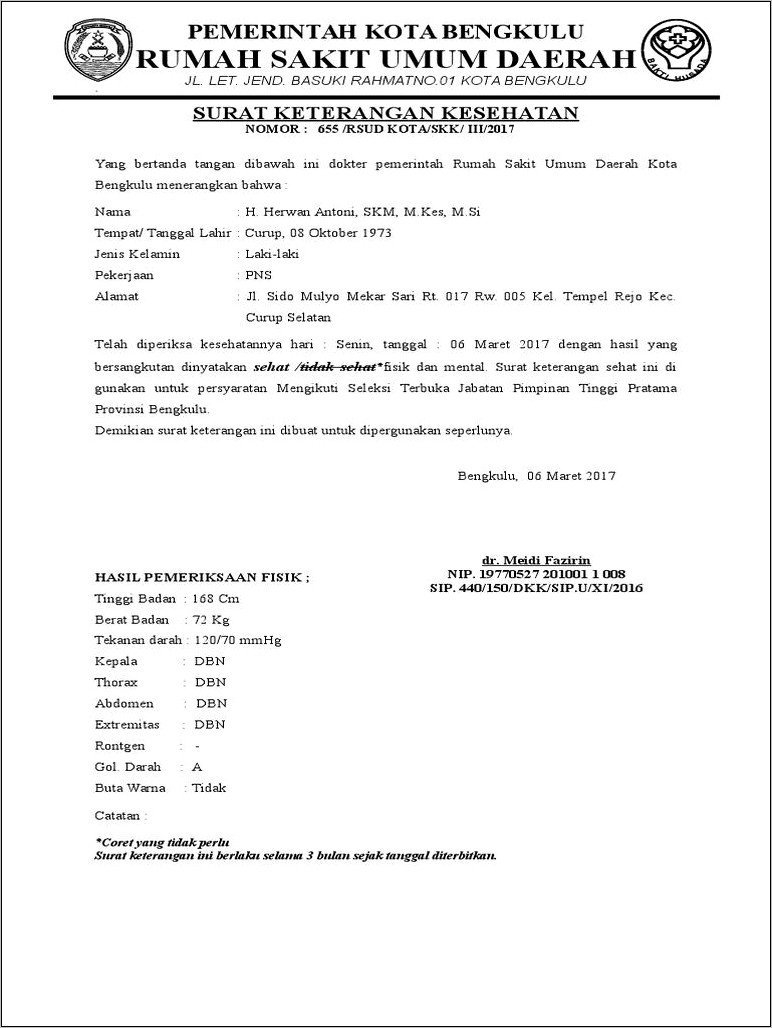 Contoh Blanko Surat Keterangan Sehat