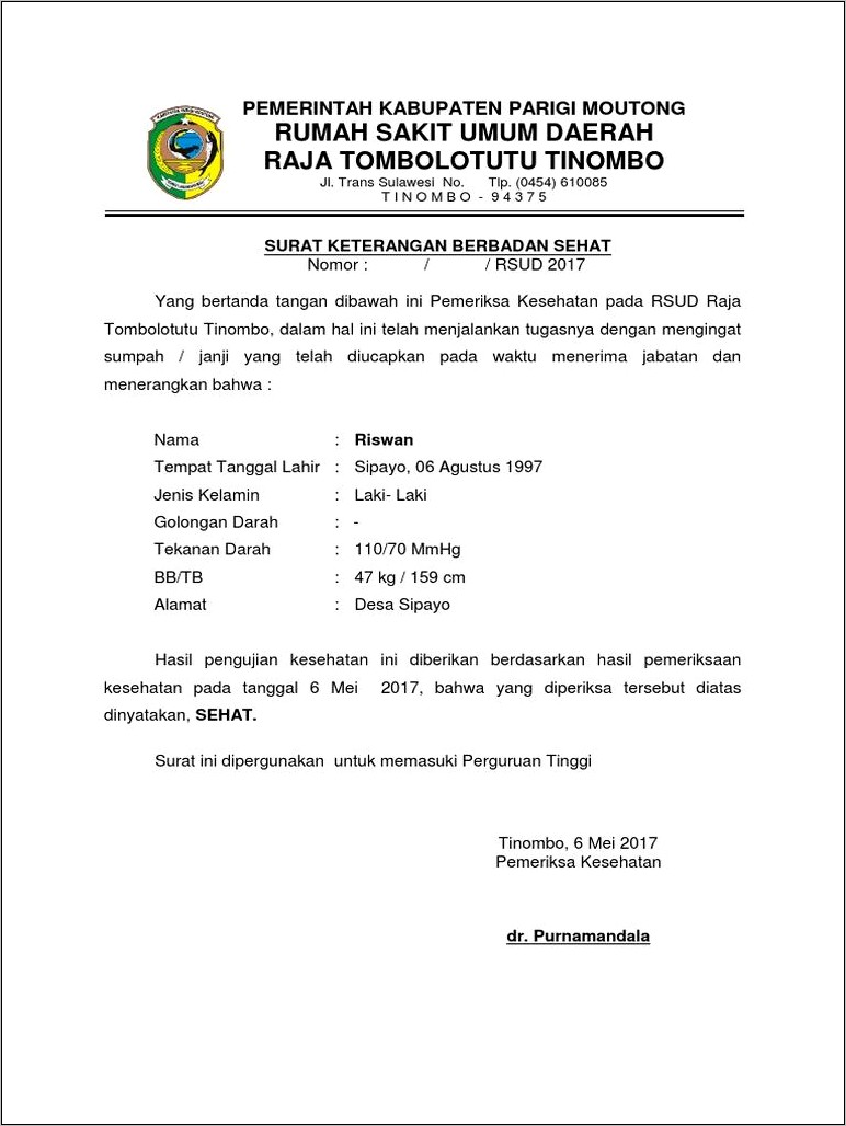 Contoh Doc Surat Pernyataan Kesehatan