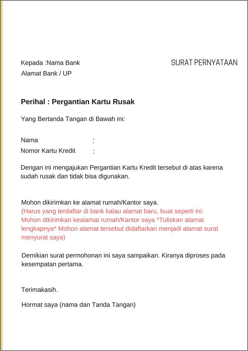 Contoh Draf Surat Pernyataan Aktiv Arusak