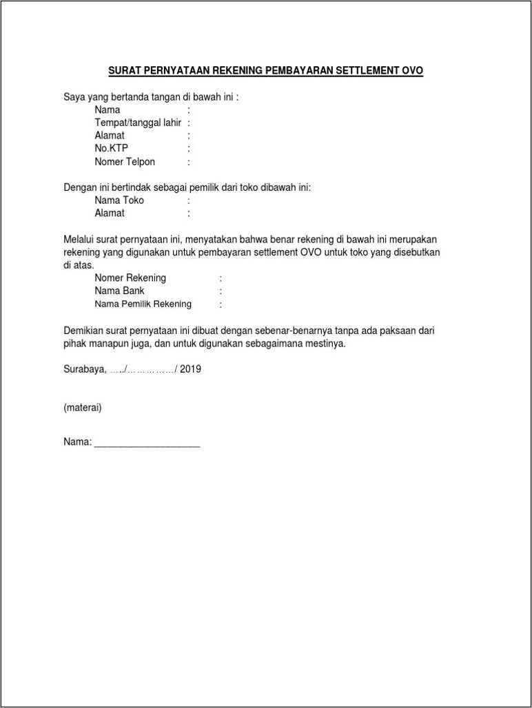 Contoh Draft Surat Pernyataan No Rekening