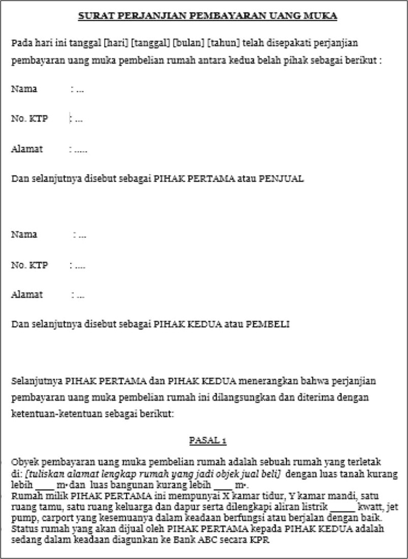 Contoh Draft Surat Pernyataan Pembayaran Uang Muka Tanah