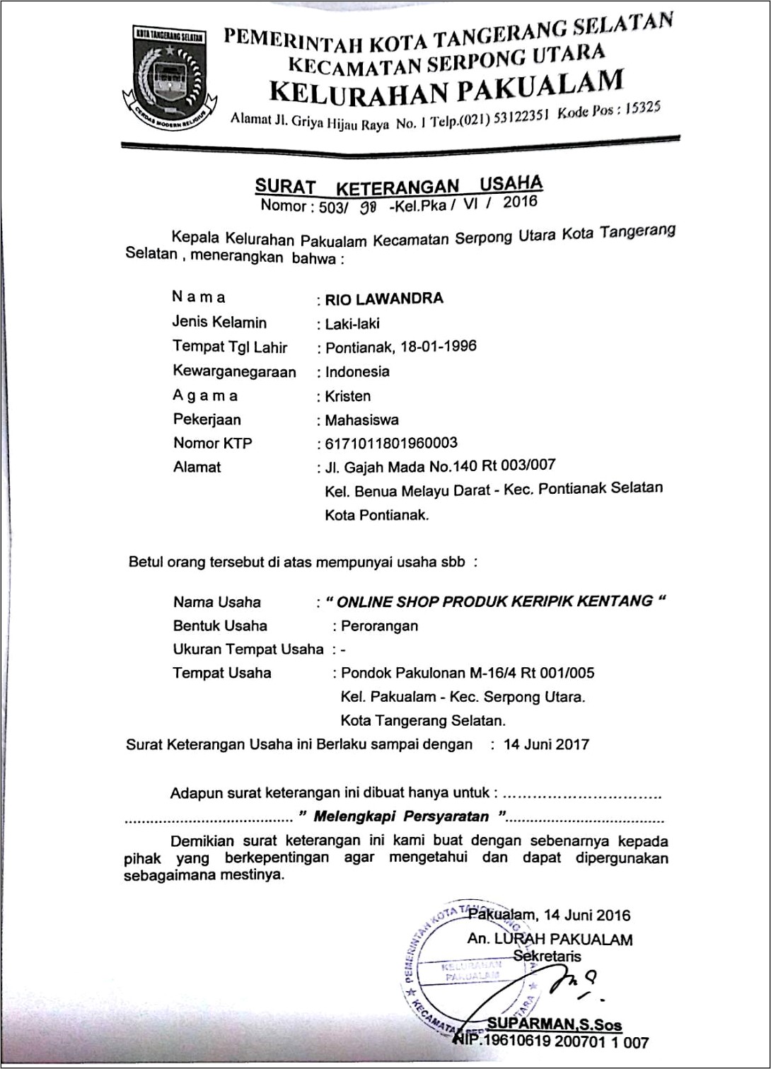 Contoh Form Surat Keterangan Usaha