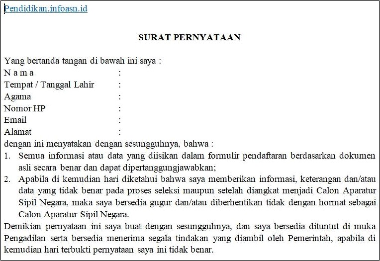 Contoh Form Surat Pernyataan Cpns