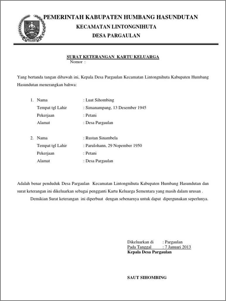 Contoh Format Surat Keterangan Kartu Keluarga