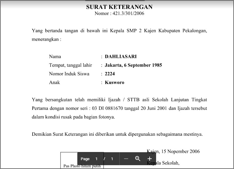 Contoh Format Surat Keterangan Kehilangan Ijazah