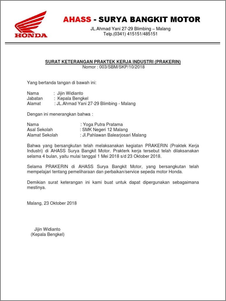 Contoh Format Surat Keterangan Magang Teknik Industri