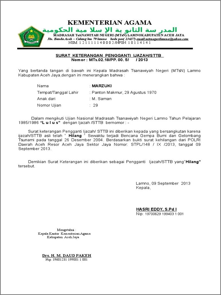 Contoh Format Surat Keterangan Pengganti Ijazah Perguruan Tinggi Yang Hilang