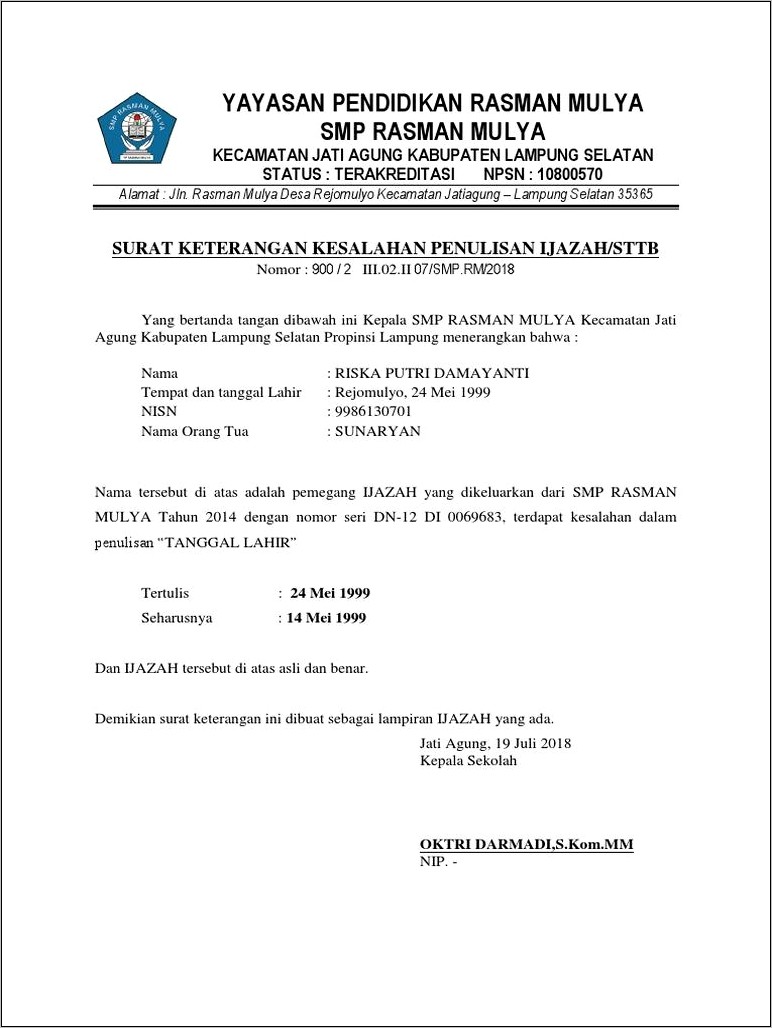 Contoh Format Surat Keterangan Ralat Ijazah Download Surat Keterangan