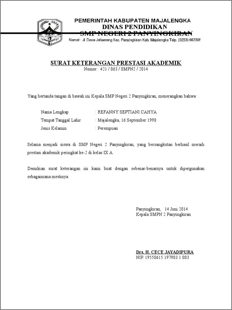 Contoh Format Surat Keterangan Siswa Berprestasi