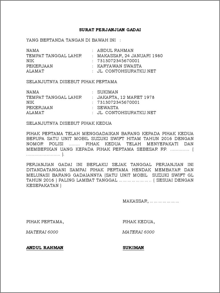 Contoh Format Surat Perjanjian Gadai Mobil