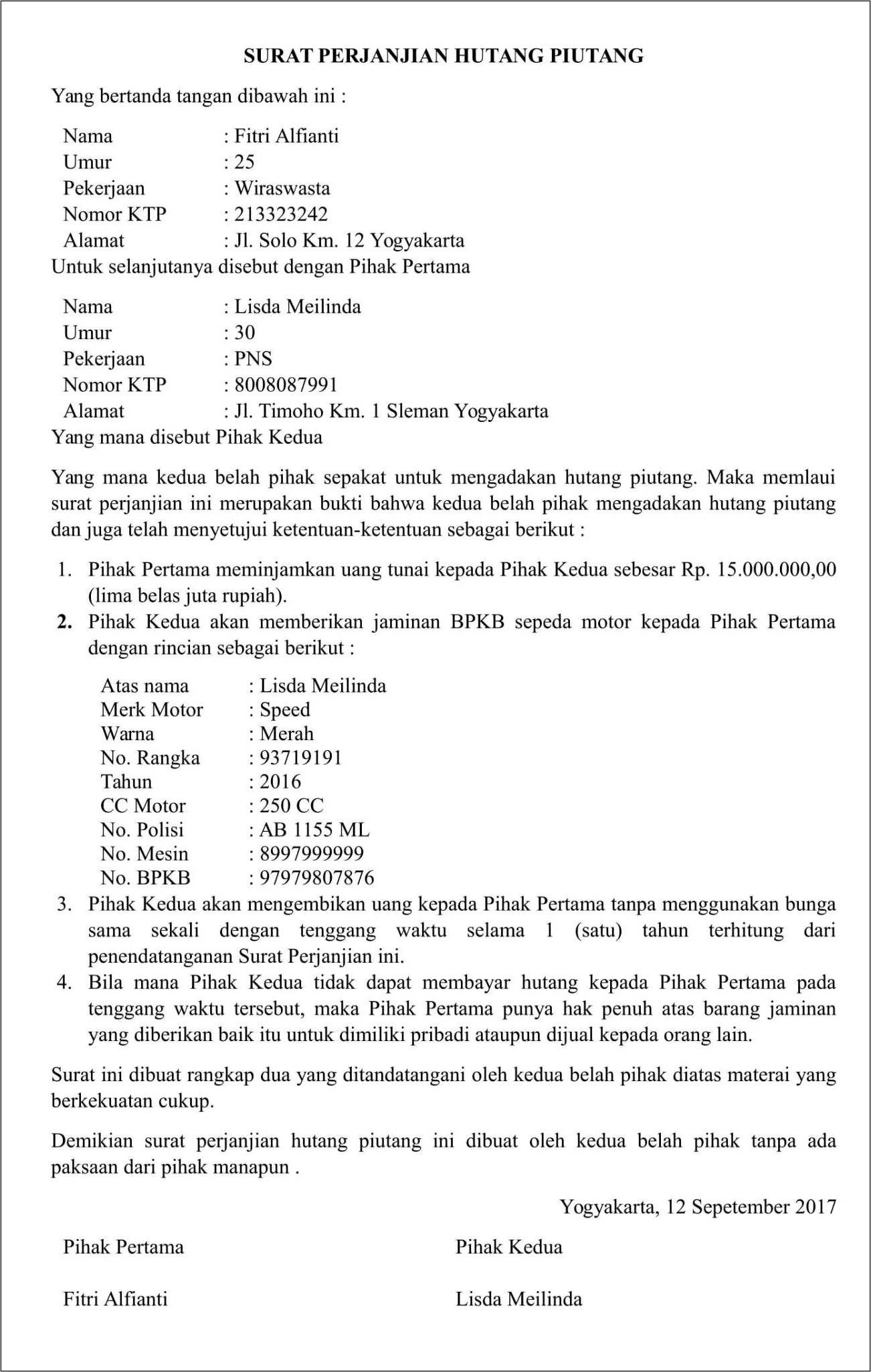 Contoh Format Surat Perjanjian Hutang Piutang