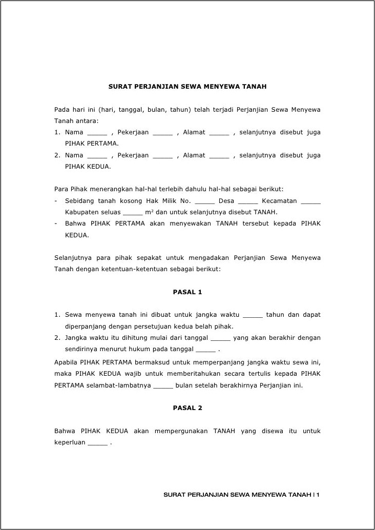 Contoh Format Surat Perjanjian Sewa Menyewa