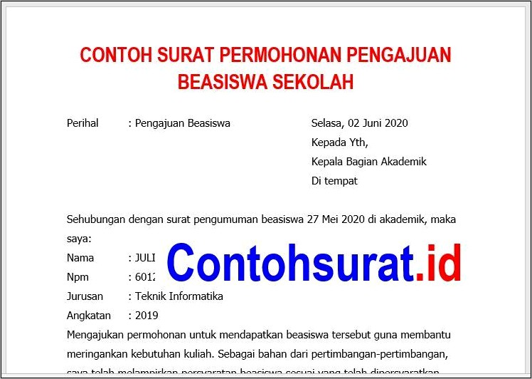 Contoh Format Surat Permohonan Beasiswa S2