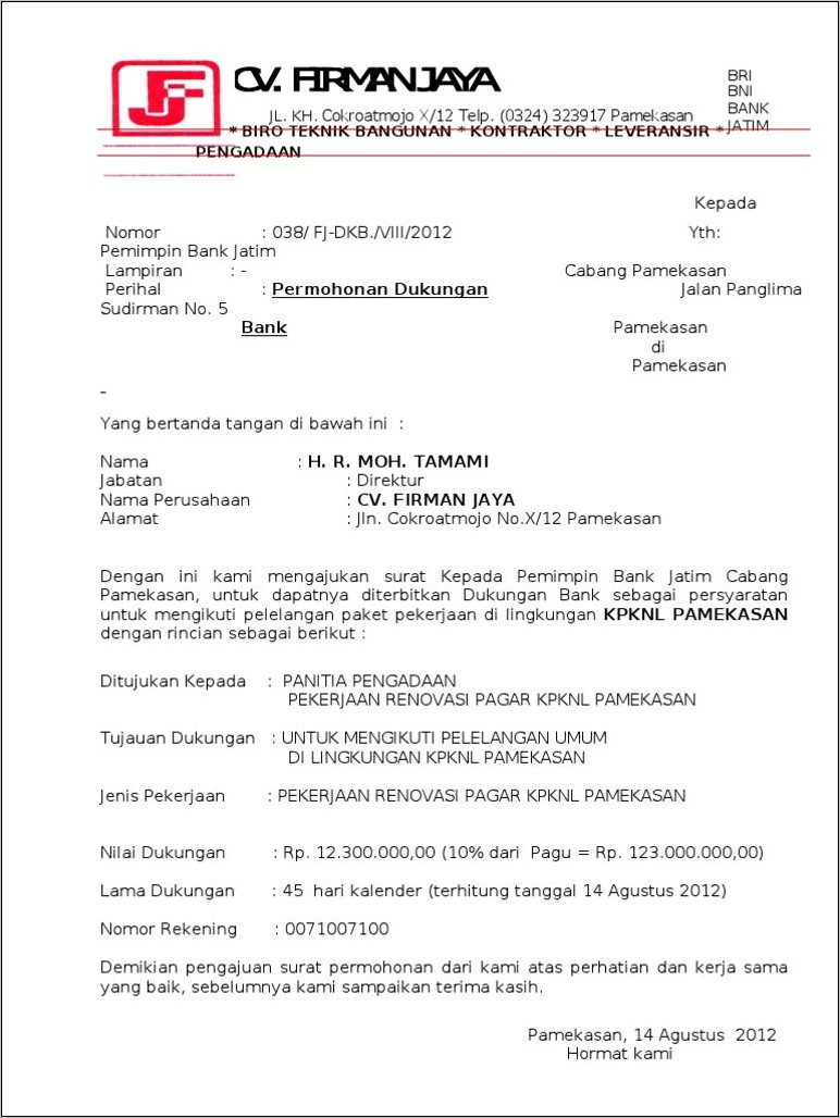 Contoh Format Surat Permohonan Dukungan Bank Word  Surat permohonan