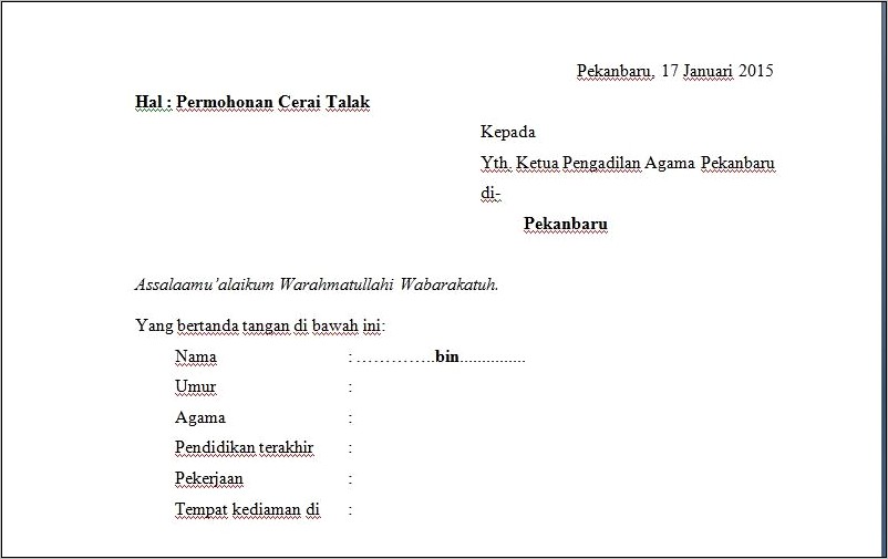 Contoh Format Surat Permohonan Gugatan Cerai